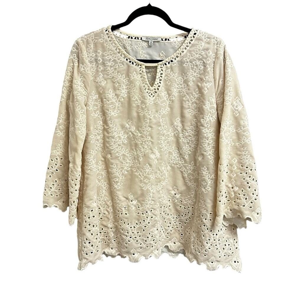 John Mark Ivory Cream Velour Eyelet Embroidered 3/4 Sleeve Top Womens Medium